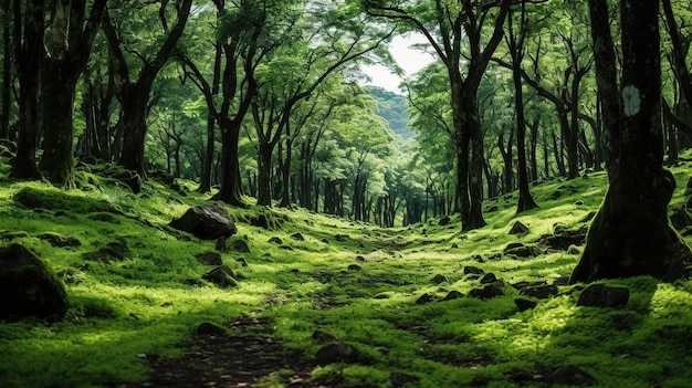 ein Wald mit einem grünen Wald und Felsen im Hintergrund