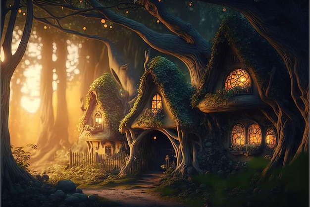 Ein Wald mit einem Haus und einem Baum mit Lichtern