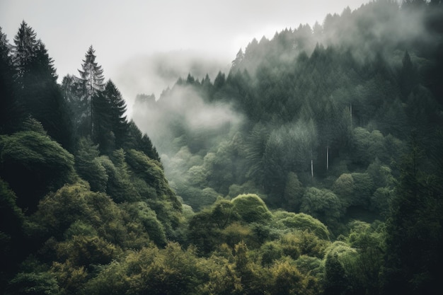 Ein Wald mit einem nebligen Himmel und einem baumbedeckten Berg Generative KI