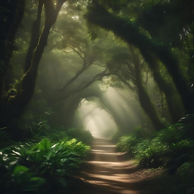 ein Wald mit einem Pfad, auf dem das Wort steht