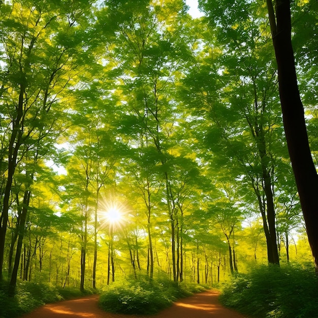Ein Wald mit einem Pfad, der gelbe Blätter hat
