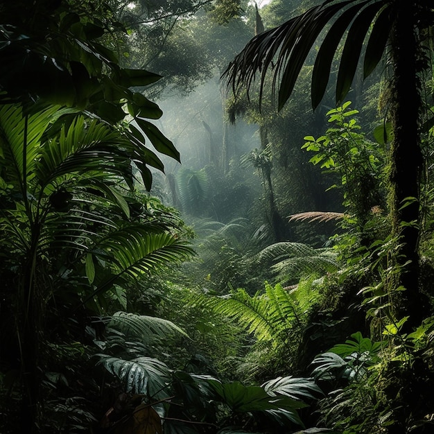 Ein Wald mit einem Schild, auf dem Dschungel im Hintergrund steht.