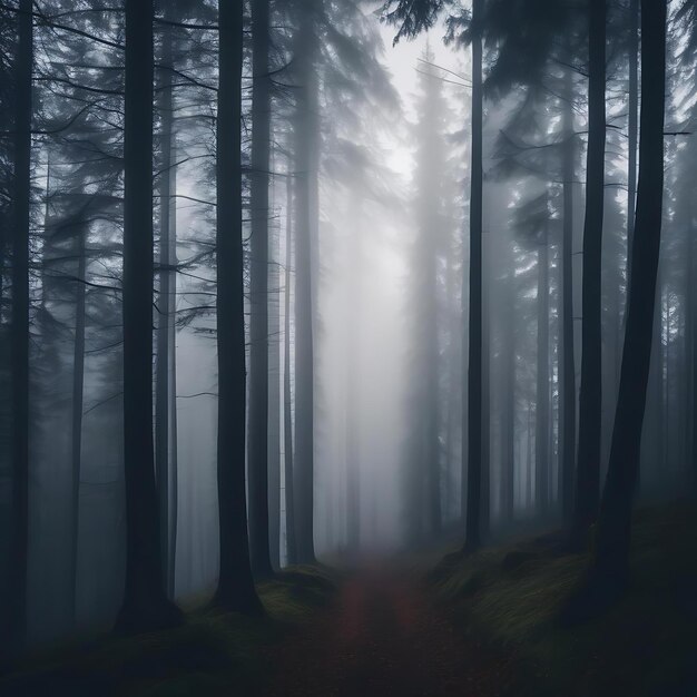 ein Wald mit einem Schild, das sagt, dass es im Hintergrund Nebel gibt