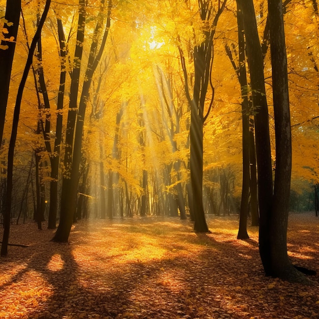 Ein Wald mit einem Sonnendurchbruch im Hintergrund