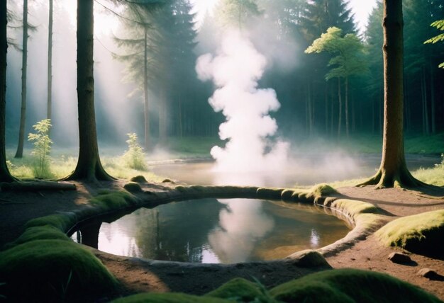 Foto ein wald mit einem teich und einem baumstumpf in der mitte