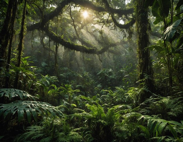 ein Wald mit einem Wald mit einem Forest von Farnen und einem Baumzweig