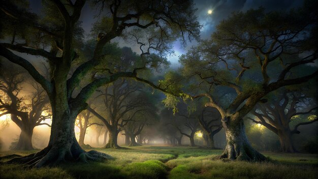 ein Wald mit einem Wald, mit einem Wald voller Bäume und einem Mond