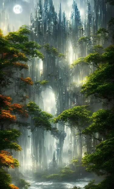 Ein Wald mit einem Wasserfall und einem Licht in der Mitte