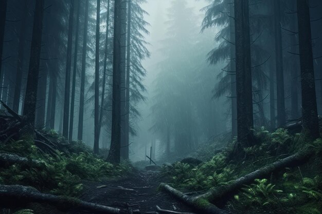 Ein Wald mit einem Weg, auf dem ein Baum steht