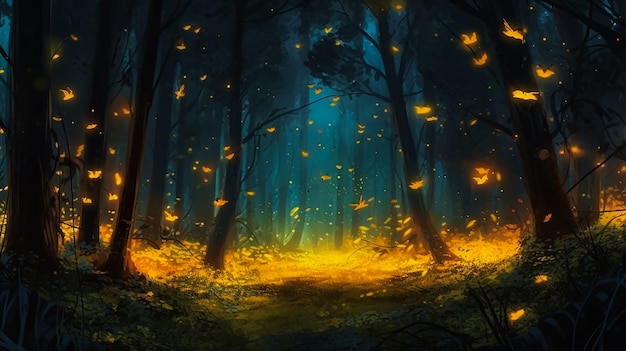 Ein Wald mit einem Weg mit Glühwürmchen darauf