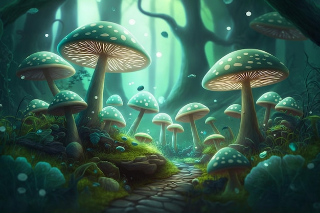 Ein Wald mit einem Weg voller Pilze
