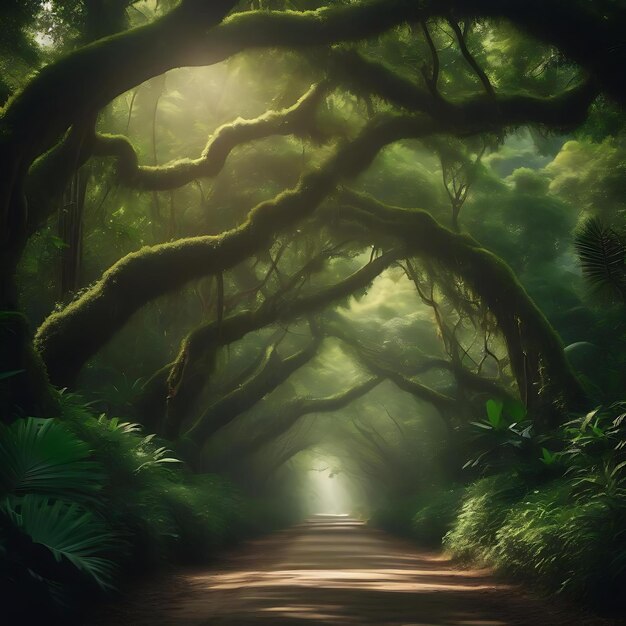 ein Wald mit einer Straße, in der ein Baum steht