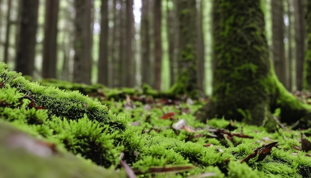 Ein Wald mit grünem Moos, der auf den Bäumen und dem Boden wächst