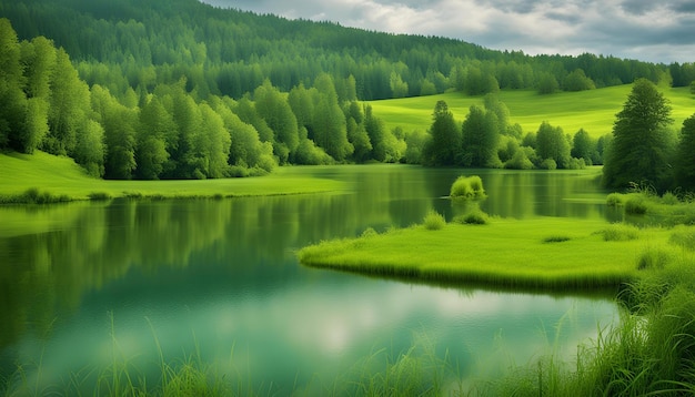 ein Wald mit grünen Bäumen und einem See im Hintergrund