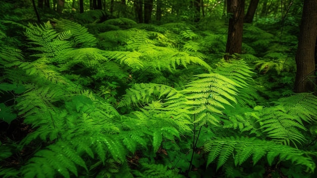 Ein Wald mit grünen Farnen im Wald