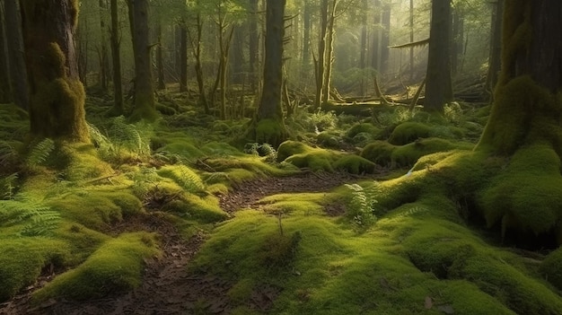 Ein Wald mit Moos und Bäumen