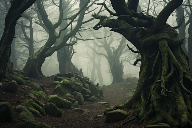 Ein Wald mit moosbedeckten Bäumen und einem Pfad im Nebel.