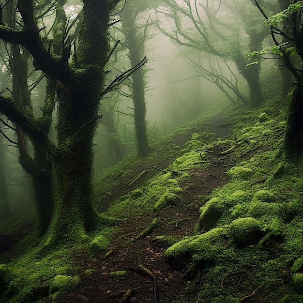 ein Wald mit moosbedeckten Bäumen und einem Pfad im Nebel