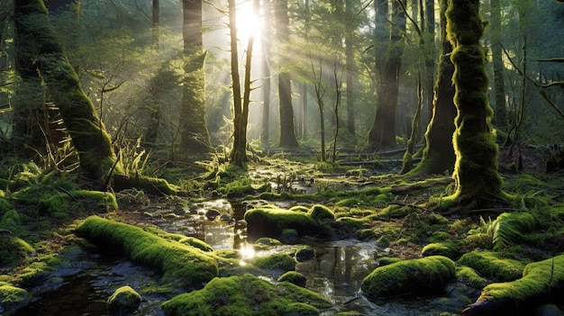 Ein Wald mit moosbedeckten Felsen und einem Bach im Vordergrund.