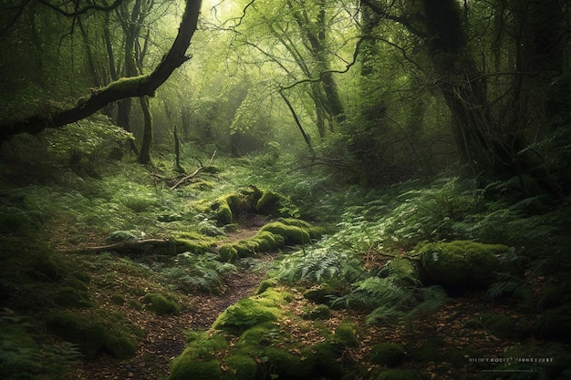 Ein Wald mit moosigen Bäumen und moosigen Bäumen