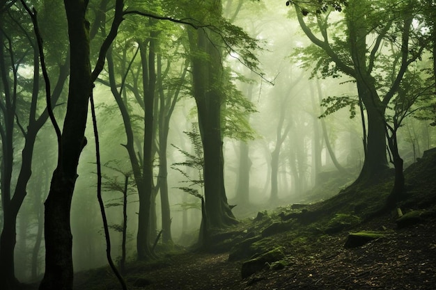 ein Wald mit Nebel am Morgen