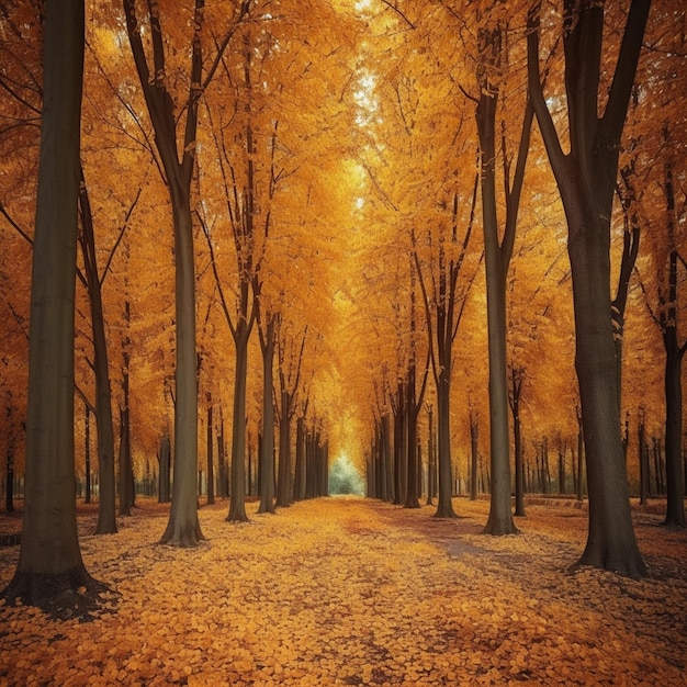 Ein Wald mit orangefarbenen Blättern und einem Baum mit dem Wort Liebe darauf