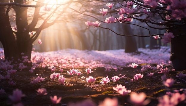 Ein Wald mit rosa Kirschblüten