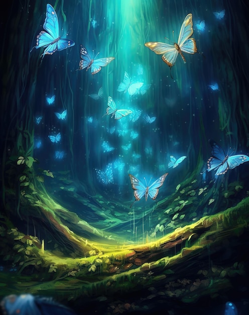 Ein Wald mit Schmetterlingen und einem Baum