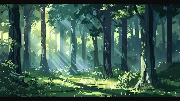 ein Wald mit Sonnenstrahlen, die durch die Bäume scheinen