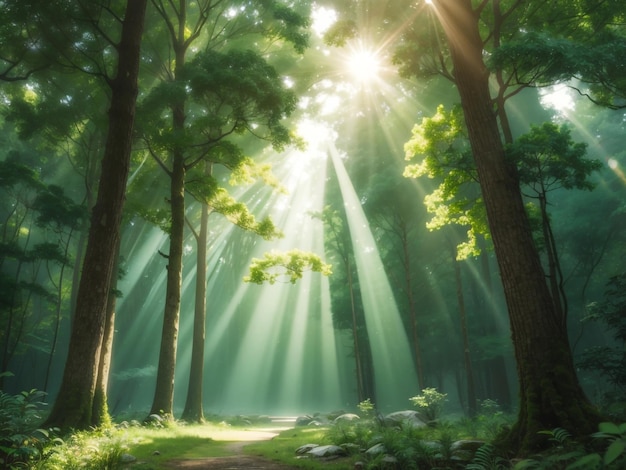 ein Wald mit Sonnenstrahlen, die durch die Bäume scheinen