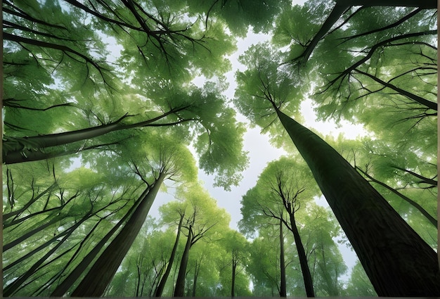 ein Wald mit vielen Bäumen, der einen Himmelshintergrund hat