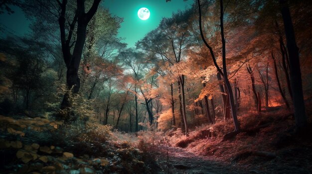 Ein Wald mit Vollmond im Hintergrund