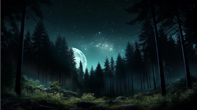 Ein Wald mit Vollmond im Hintergrund