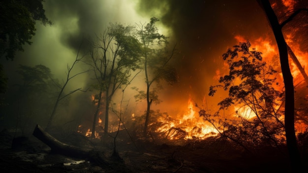 Ein Wald voller Bäume und Flammen