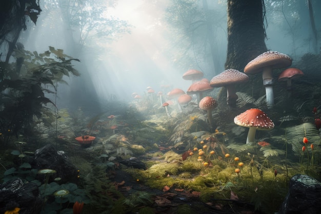 Ein Wald voller generativer KI aus Pilzen und Farnen