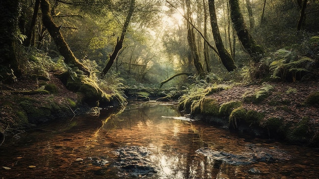 Ein Waldbach mit einer Waldszene im Hintergrund.