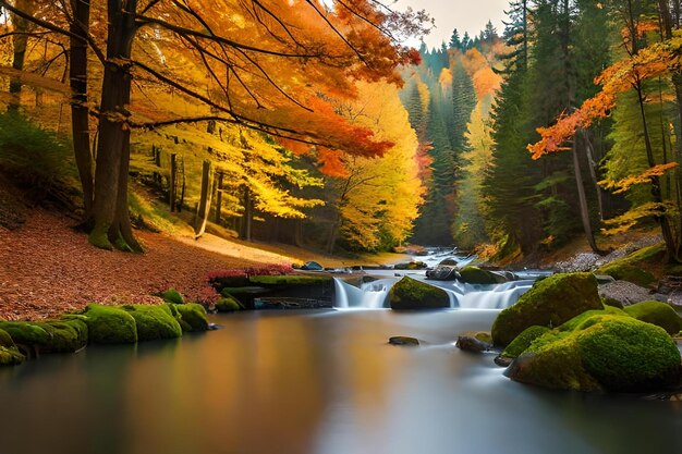 Ein Waldbach mit Wasserfall und Bäumen im Herbst