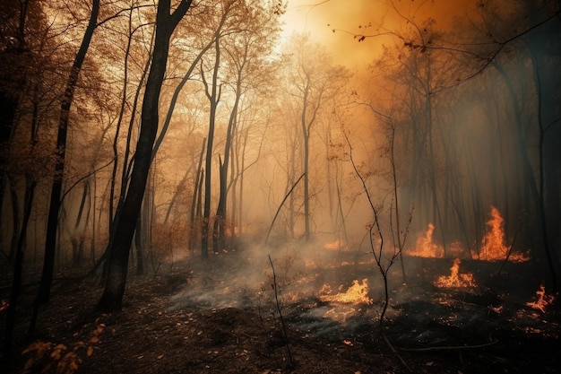 Ein Waldbrand im Wald mit dunklem Himmel und Rauch im Hintergrund.