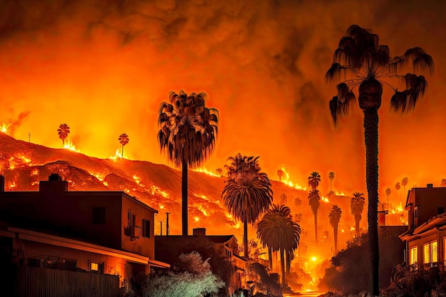 Ein Waldbrand in Kalifornien brennt nachts in der Nähe eines Wohngebiets, verursacht durch generative KI