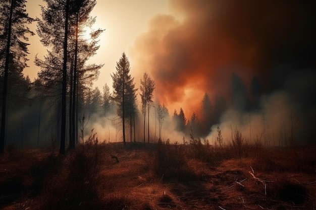 Ein Waldbrand mit einem Wald im Hintergrund und einem Wald im Hintergrund.