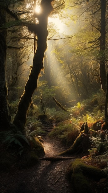 Ein Waldweg, durch dessen Bäume die Sonne scheint.