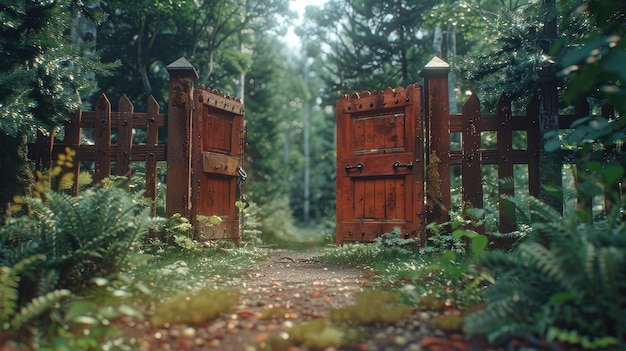 Ein Waldweg mit einem offenen Holztor