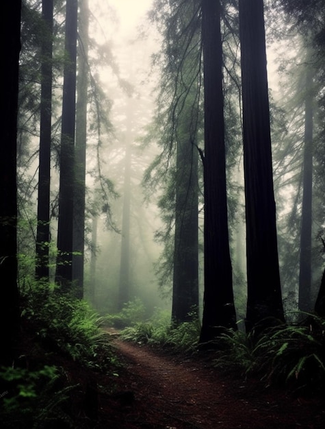 Ein Waldweg mit Nebel und Bäumen im Hintergrund.