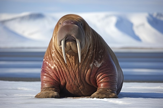 ein Walrus, der mit offenem Maul am Strand liegt