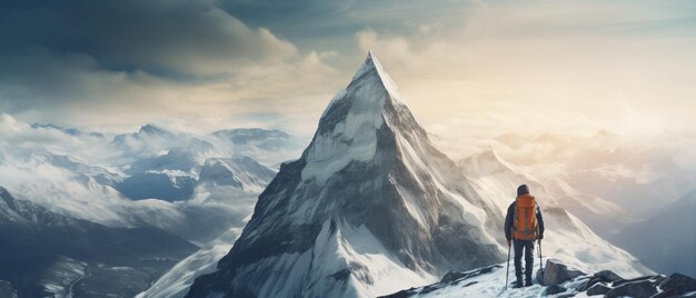 Ein Wanderer auf dem Gipfel eines verschneiten Berges, ein Bergsteiger