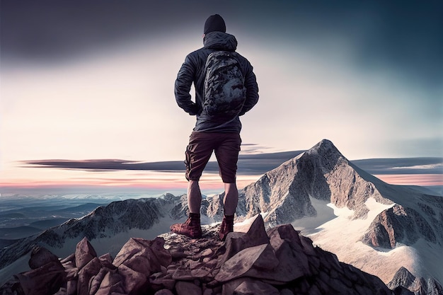 Ein Wanderer, der auf einem Berg steht und den Sonnenuntergang betrachtet