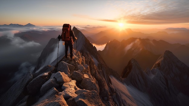 Ein Wanderer erreicht bei Sonnenaufgang den Gipfel eines Berges AIGenerated