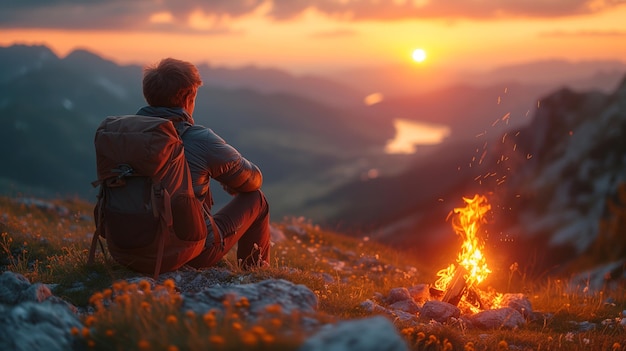 Ein Wanderer genießt den Sonnenuntergang am Lagerfeuer im Berg