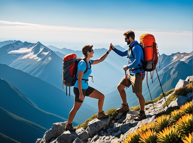 Ein Wanderer hilft einem Freund, den Gipfel des Berges zu erreichen