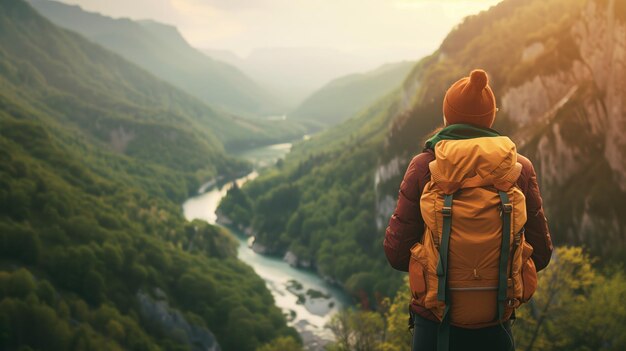 Ein Wanderer mit Blick auf ein Flusstal in der Dämmerung